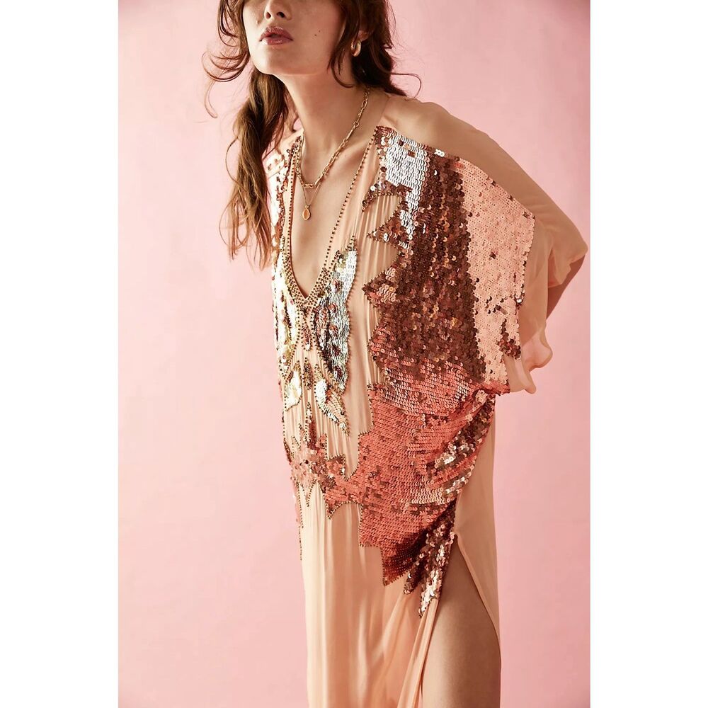 Free People Jen’s Pirate Booty Ritual Queen Peach Sequin Embellished Kaftan XS/S - Picture 5 of 14